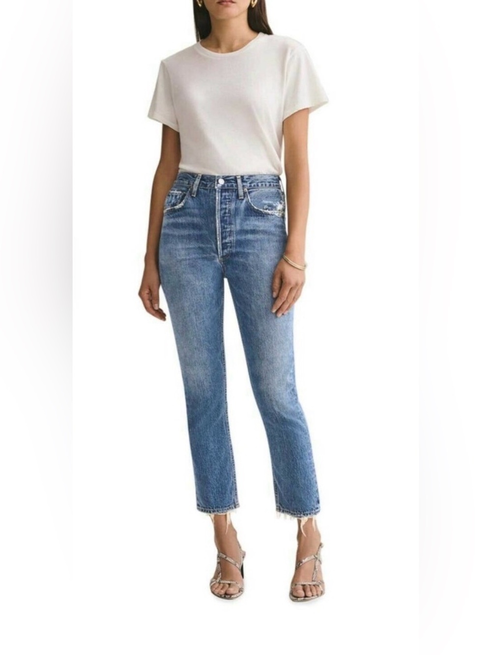 AGOLDE Riley High Rise Straight Crop Jeans Size 32 Distressed Blue GUC